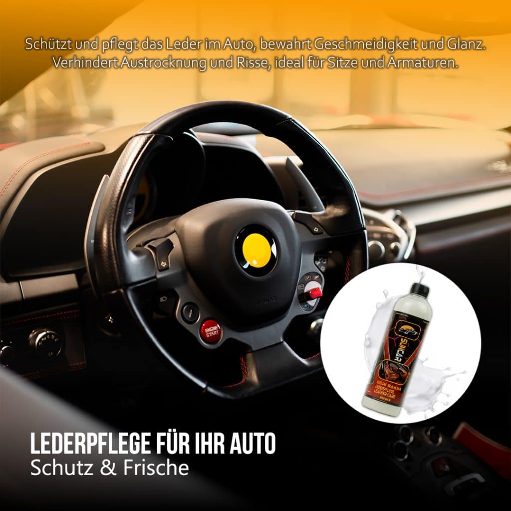 Häufige Fehler und Probleme bei Lederpflege – mit SunCar Lederpflege vermeiden 5 Die SunCar Lederpflege für Innen schützt Leder vor Abnutzung und UV-Schäden und stellt seinen natürlichen Glanz wieder her.